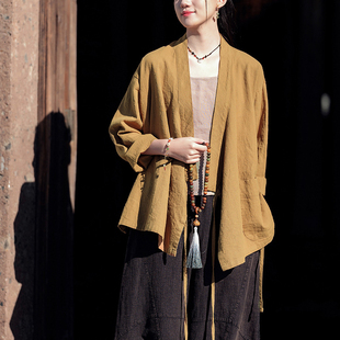 女装新款复古禅意斜襟宽松苎麻系带汉服改良上衣外套女式禅茶服