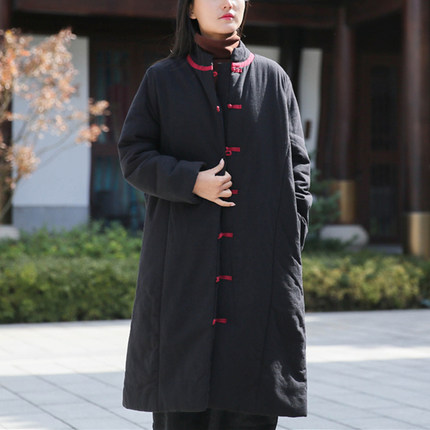 复古文艺棉麻女装撞色盘扣长款棉袄简约宽松版棉衣新中式夹棉外套