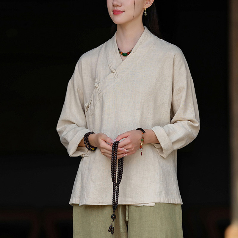 新中式盘扣复古斜襟系带长袖衬衫禅修服女士苎麻纯色宽松茶服上衣