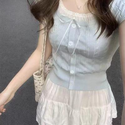 2025系带夏季新款蕾丝针织衫短袖蝴蝶结小众短款白月光甜妹上衣