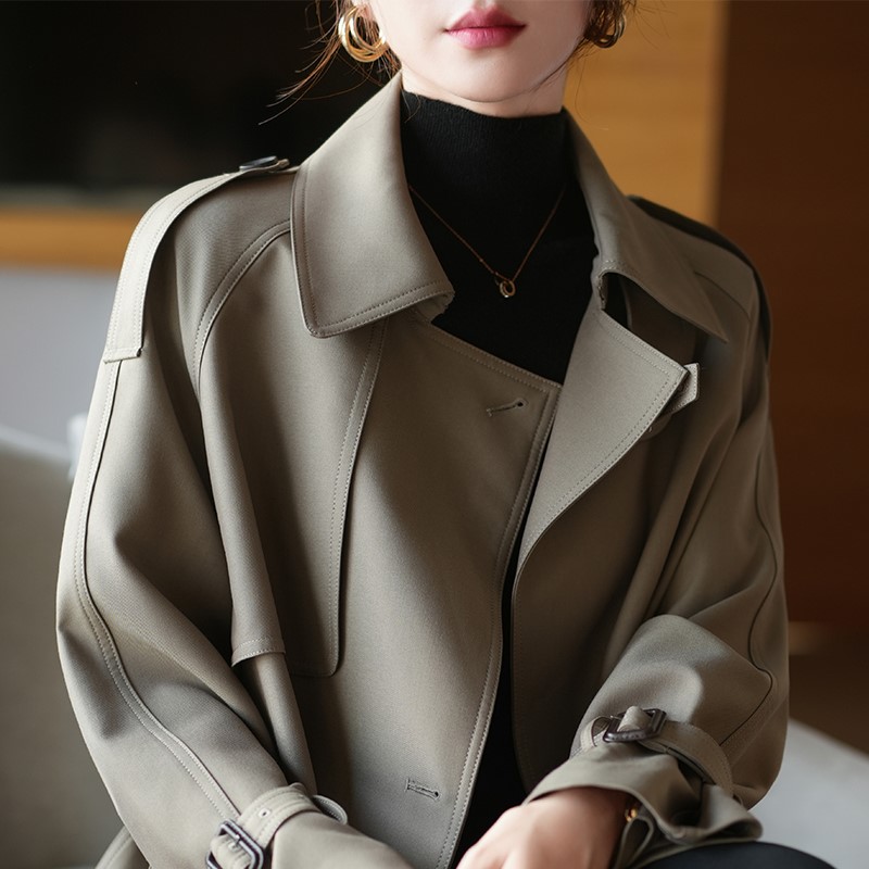 2025秋季高端中长款风衣女韩系减龄斜纹大翻领韩系双排扣系带外套