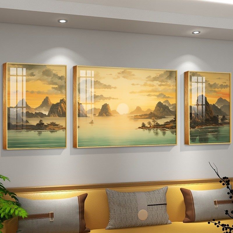 国潮风山水风景装饰画客厅沙发背景墙软装壁画三联高档抽象画,家居饰品,现代装饰画,淘宝优惠券,粉丝福利购,淘宝优惠卷