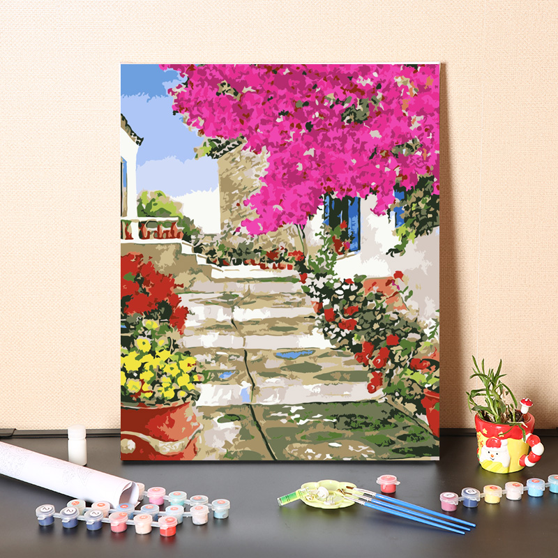 数字油画diy手工填充清新花门庭院手绘涂色客厅装饰丙烯油彩画画