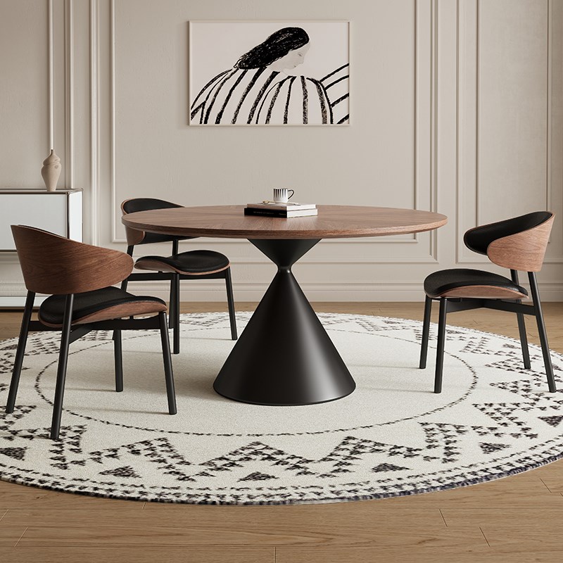 实木岩板餐桌圆形家用法式奶油中古风高端胡桃色小户型吃饭圆桌子