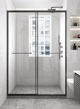 黑色窄边全包框淋浴房移门干湿分离钢化玻璃浴室推拉