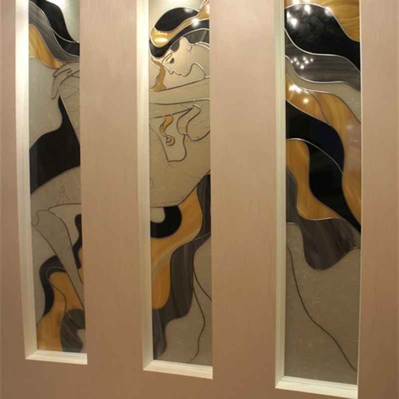 钢化雕刻艺术玻璃玄关隔断透光屏风背景墙饰抽象七彩银线