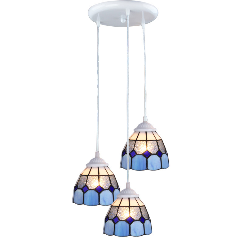 地中海风格吊灯具三头客餐桌灯圆盘田园饭店创意蓝色吧台灯饰