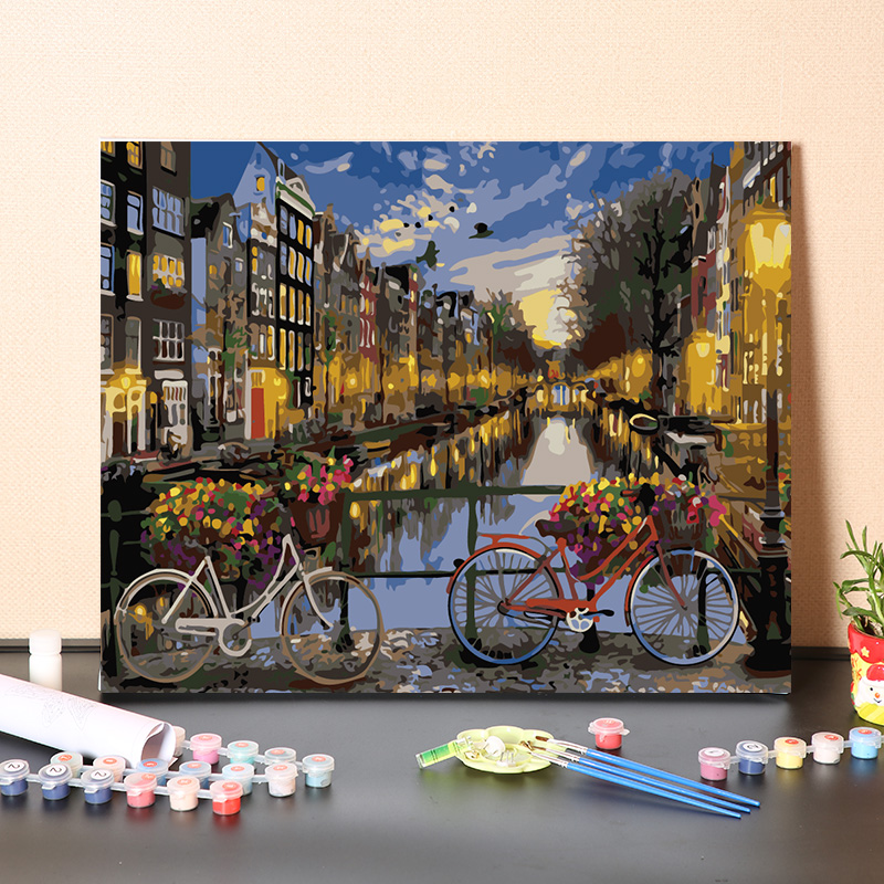 数字油画diy手工填充荷兰阿姆斯特丹日出风景手绘画画涂色油彩画