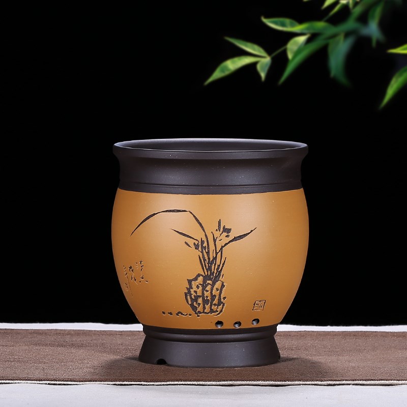 宜兴紫砂花盆精品花盆兰花盆桌面绿植古典陶瓷花盆手工刻绘圆形