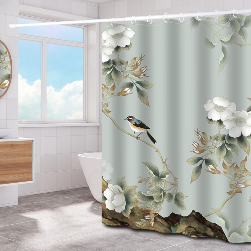 中式浴帘加厚防水洗澡沐浴帘卫生间浴帘装免打孔伸缩杆隔断帘子