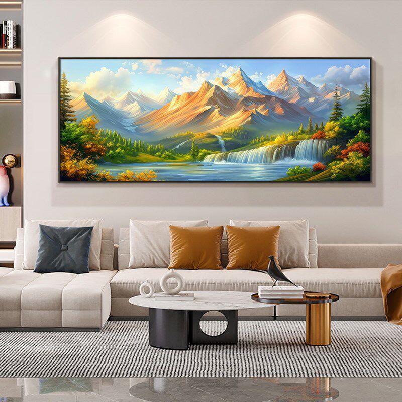 聚宝盆山水画客厅西墙靠山图背靠金山沙发背景墙挂画新款壁画