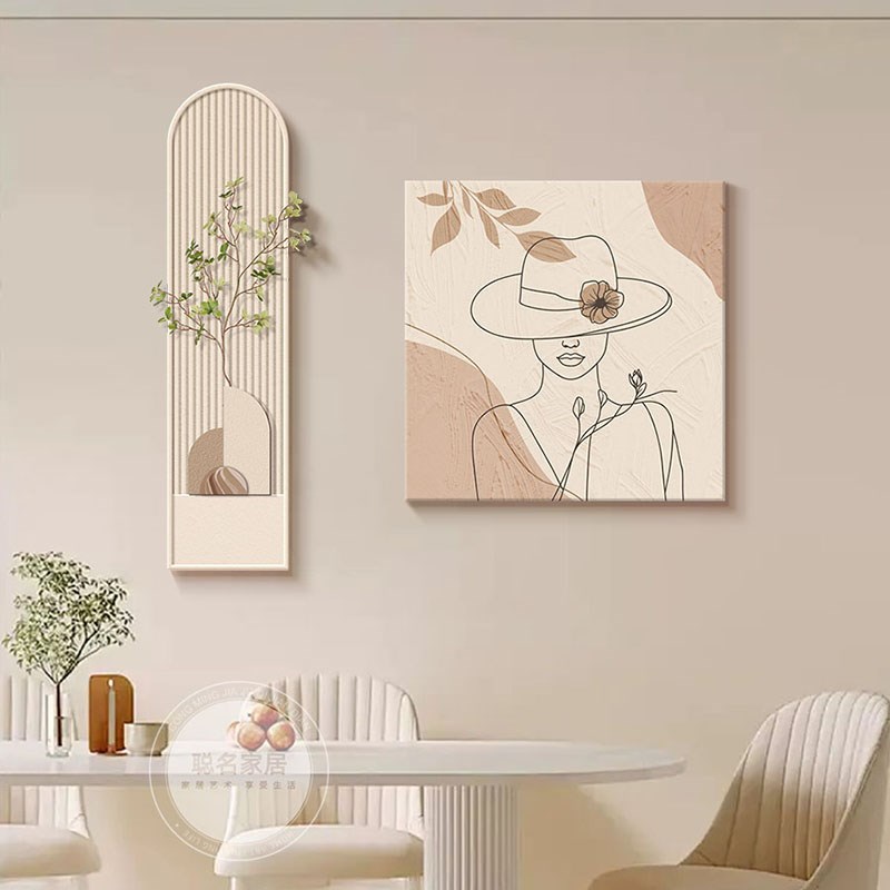 奶油风餐厅装饰画简约人物立体砂岩组合壁画2024新款卧室床头挂画图片