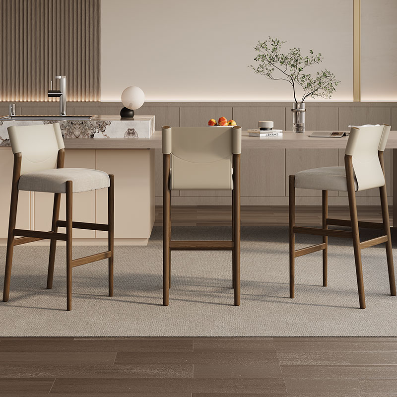 家用高脚椅马鞍皮中古风高档实木吧台椅吧椅岛台椅靠背椅子酒吧椅