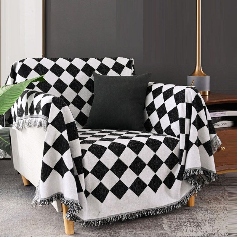 现代沙发巾盖布四季通用沙发垫罩单人全包沙发毯子黑白格子