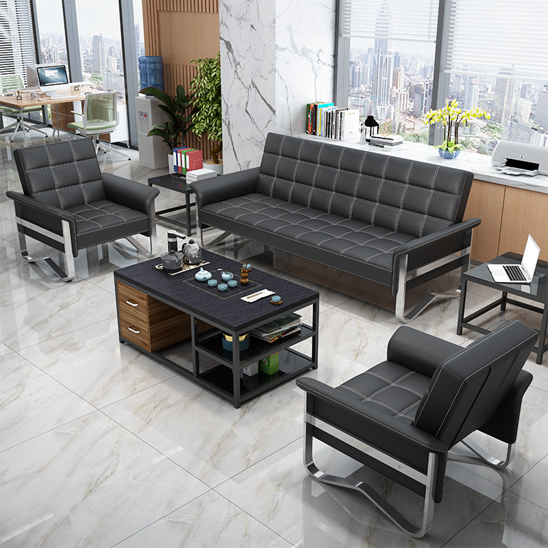 办公沙发床现代三人位铁艺商务办公室接待室会客茶几装