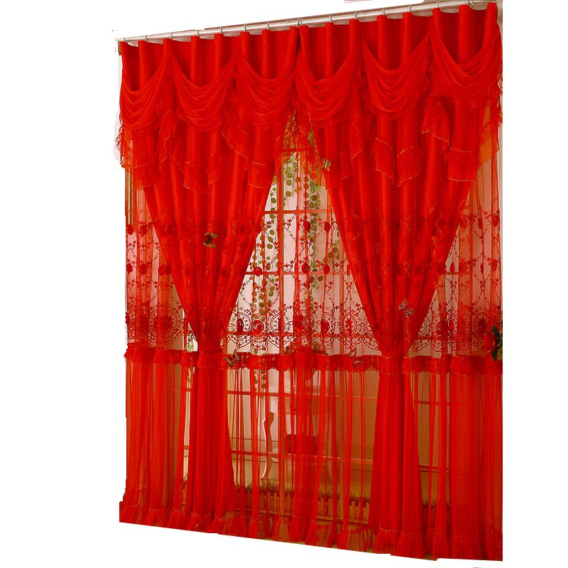 大红结婚绣花蕾丝喜庆婚房韩式窗帘双层客厅卧室飘窗温馨浪漫婚庆