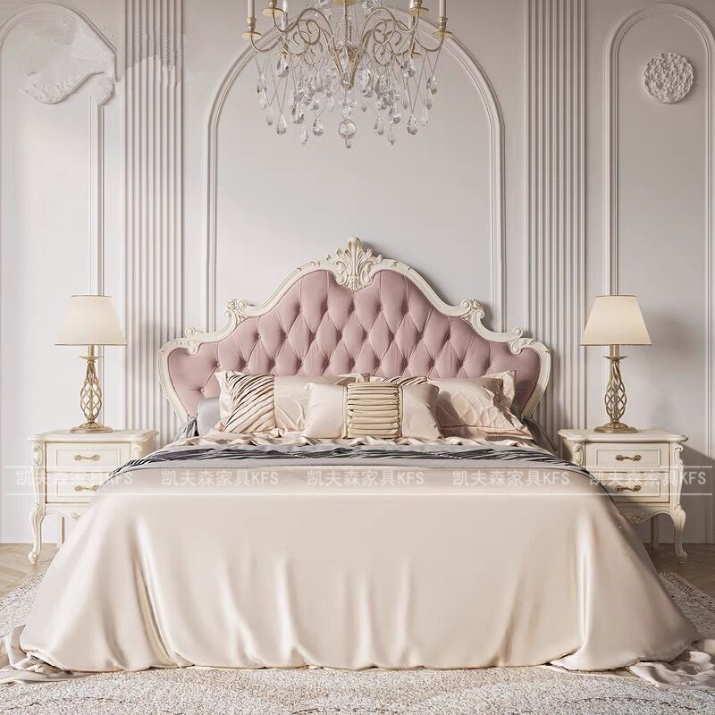 法式宫廷风复古公床全实木雕花人床奶油色布艺欧式婚床