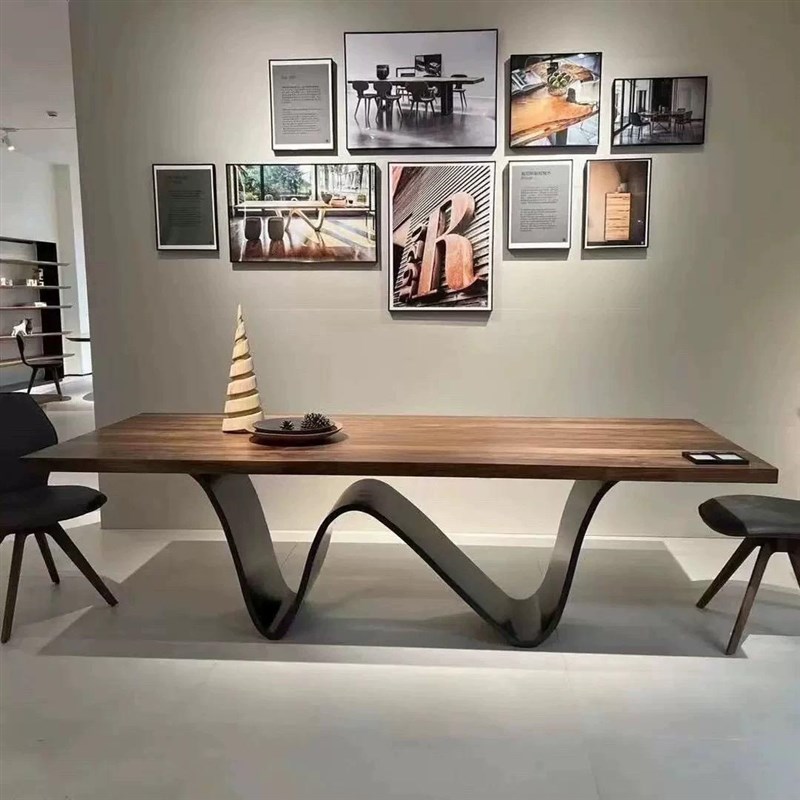 胡桃色大板餐桌长方形洽谈桌异型实木桌子创意个性工作台中古书桌