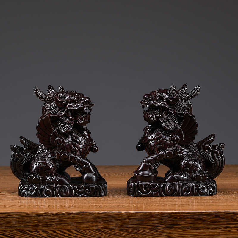 黑檀木雕麒麟摆件一对实木质雕刻家居客厅玄关装饰红木质工艺品
