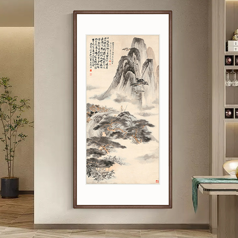 张大千山水画招财壁画新中式玄关装饰画竖版挂画走廊尽头过道国画