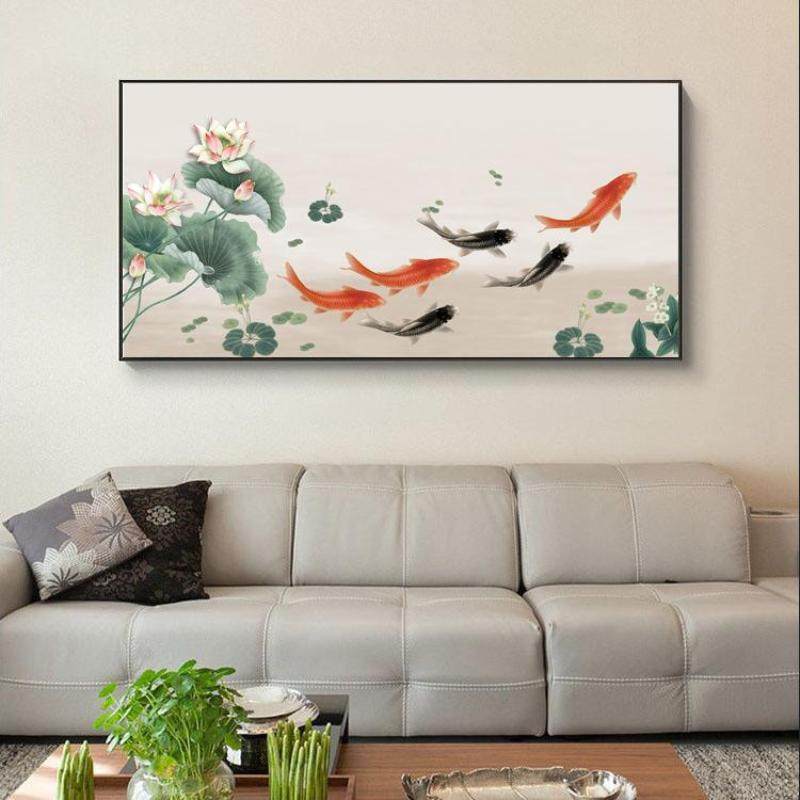 现代入户玄关装饰画正对门走廊过道横版挂画六鱼图寓意壁画