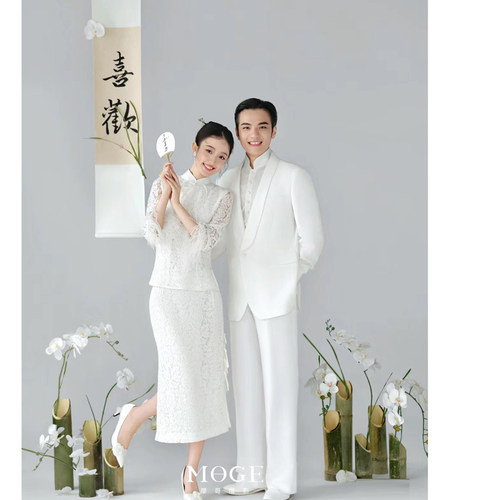 新喜嫁婚纱照道具竹筒瓶白色卷轴挂件背景装饰书法帆布条