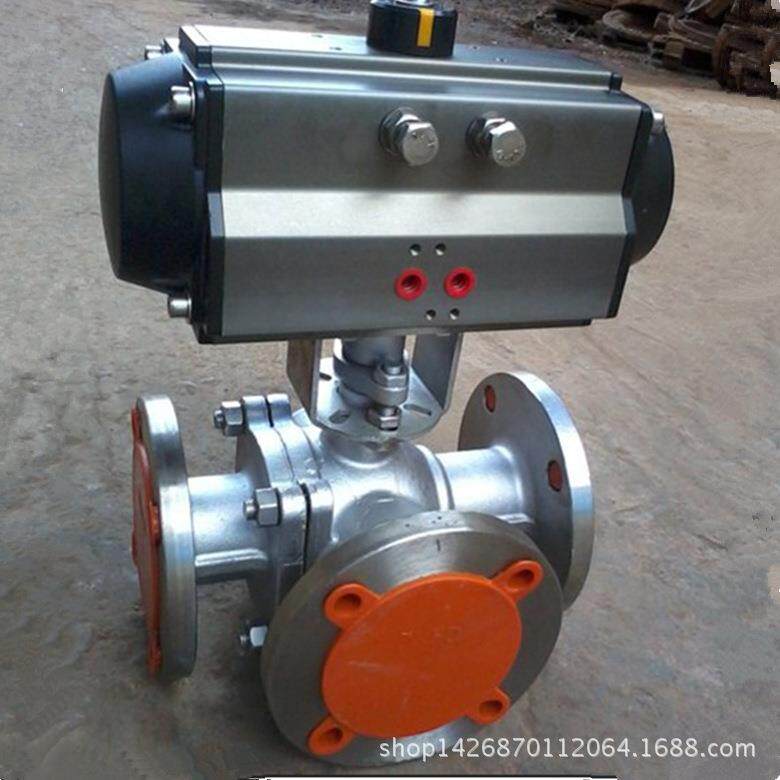 现货阀门Q644F-16P气动三通不锈钢304法兰球阀L型T型