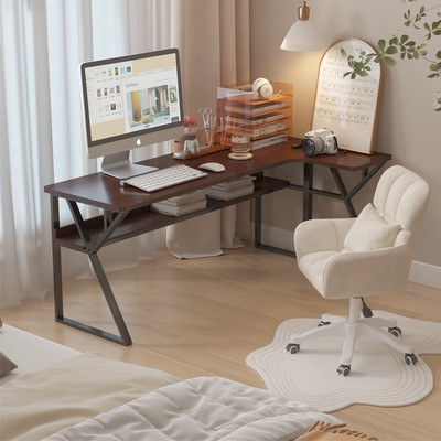 转角实木电脑桌家用卧室书桌书架一体洞洞板双人办公桌拐角电竞桌