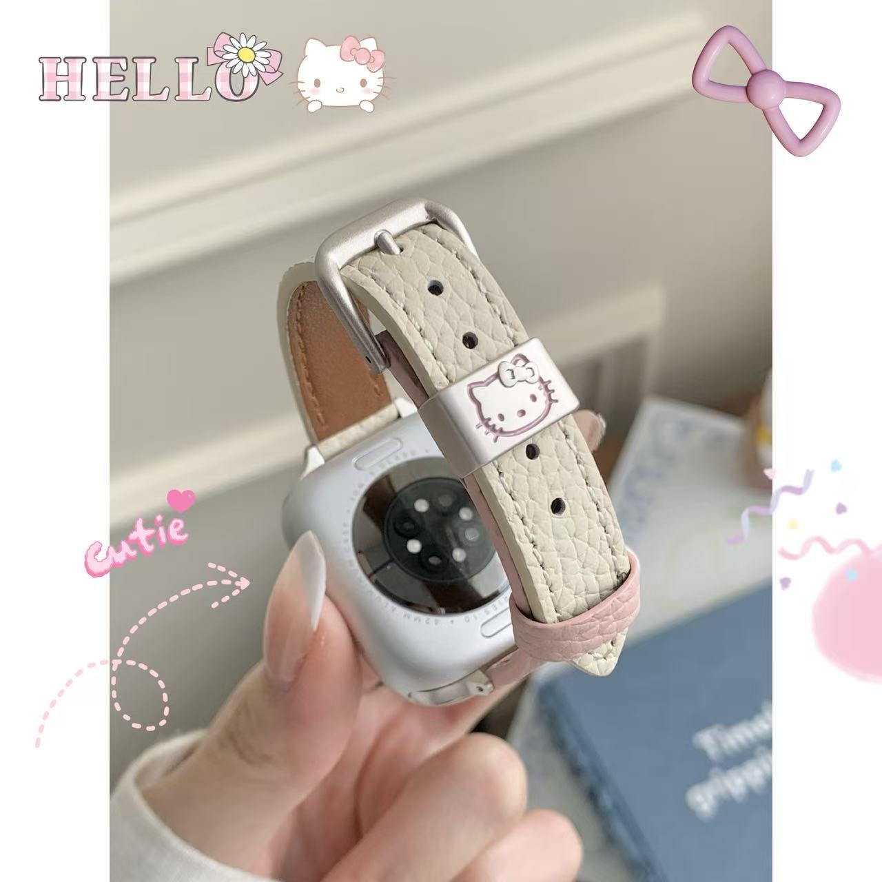 新款荔枝纹拼色KT猫皮质苹果表带