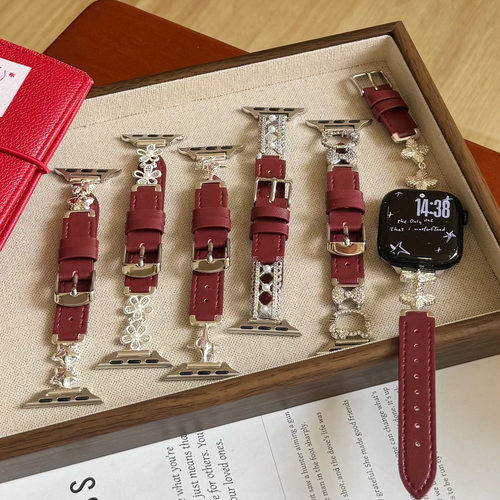 苹果手表新年酒红色皮表带高级感