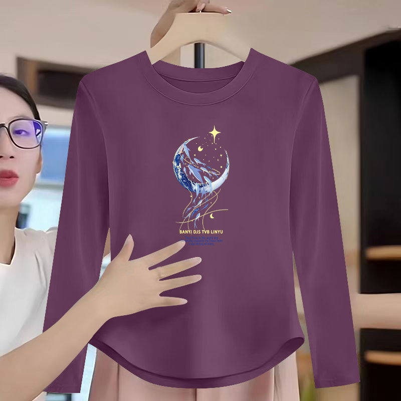 100纯棉长袖t恤女春秋季打底衫时尚潮流百搭圆领设计感弧形上衣女