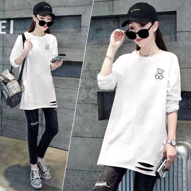 春秋季时尚破洞纯棉长袖t恤女韩版显瘦洋气中长款上衣女士打底衫