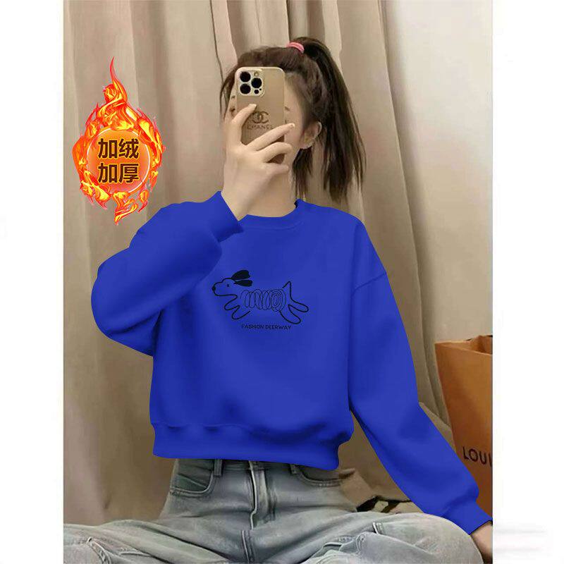 秋冬款纯棉加绒加厚长袖卫衣女时尚通勤韩版宽松显瘦高腰短款上衣