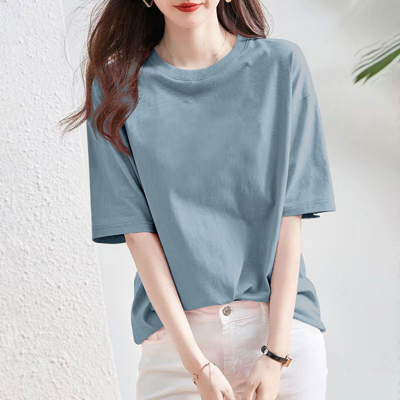 夏季女装短袖韩版圆领纯棉T恤女时尚潮流百搭简约宽松纯色上衣女