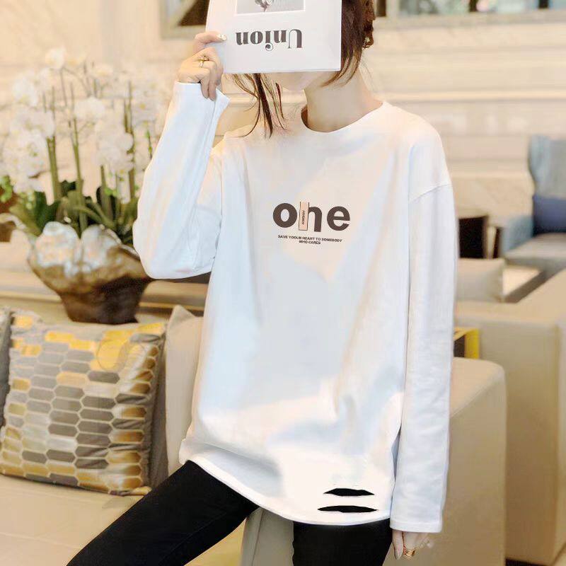 白色纯棉长袖t恤打底衫女秋冬季潮流休闲韩版宽松显瘦中长款上衣