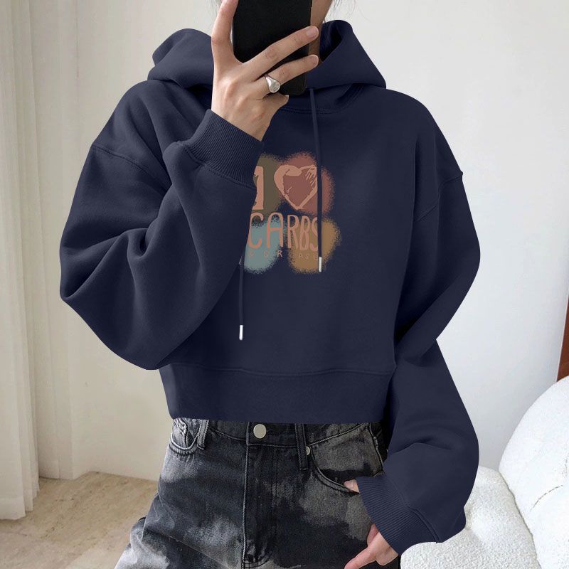 时尚纯棉短款连帽加绒卫衣女