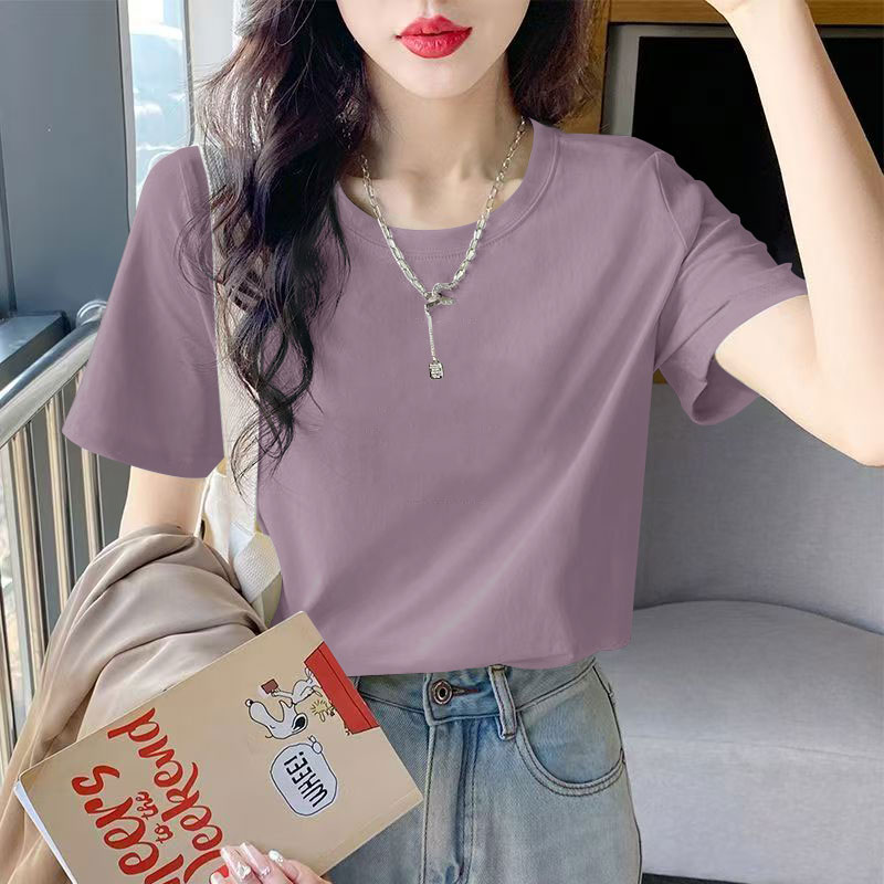 夏季时尚纯棉t恤女简约圆领百搭休闲洋气宽松ins纯色短袖女装上衣