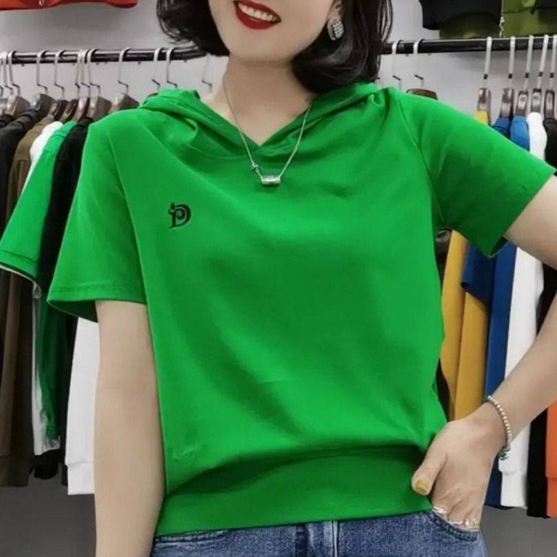 纯棉连帽女士t恤短袖夏季时尚韩版洋气减龄宽松显瘦休闲气质上衣