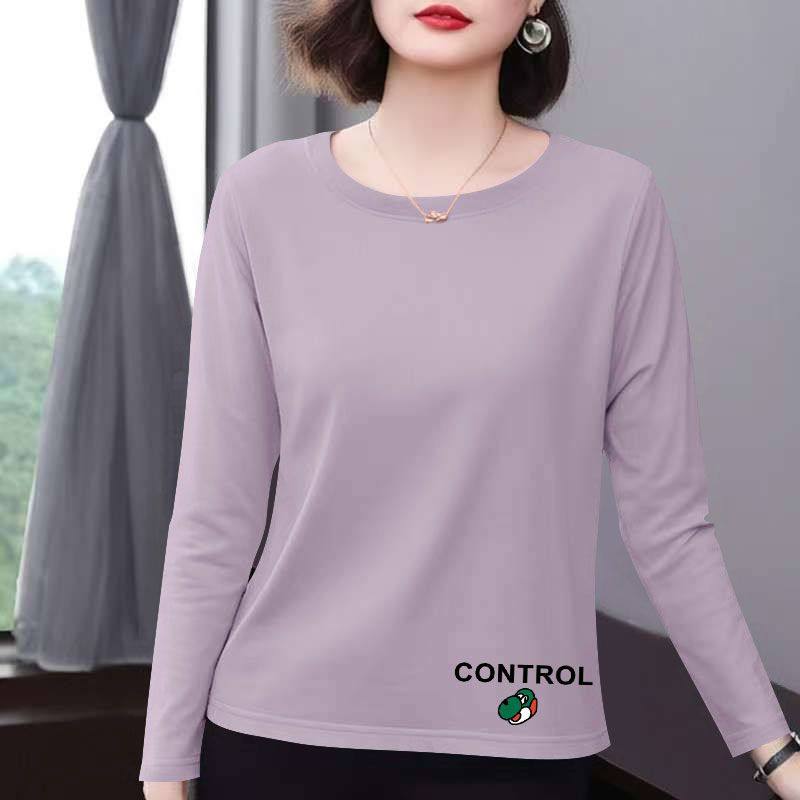 圆领纯棉长袖t恤女打底衫秋冬时尚宽松显瘦简约ins印花大码上衣女