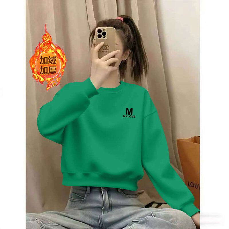 纯棉加绒加厚长袖卫衣女秋冬款潮流百搭通勤保暖圆领显瘦短款上衣