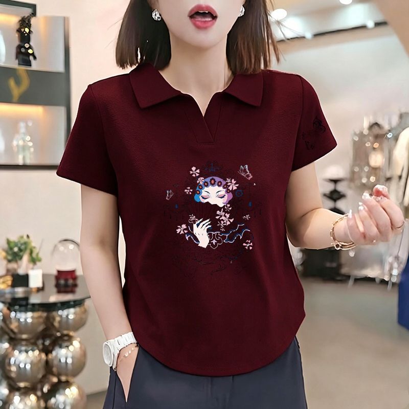 纯棉短袖t恤女夏季新款翻领韩版气质百搭大码设计感印花上衣服ins