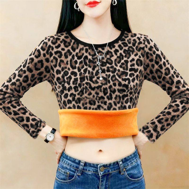 秋冬季加绒加厚豹纹打底衫女时尚圆领内搭大码显瘦保暖长袖上衣女