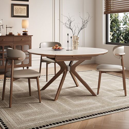 实木岩板餐桌伸缩中古风现代餐桌方变圆两用桌子饭桌