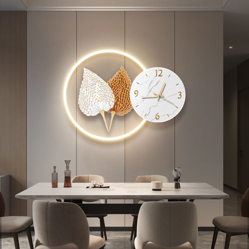 餐厅立体钟表装饰画现代简约led灯壁画轻奢客厅氛围发Z光晶瓷挂画图片