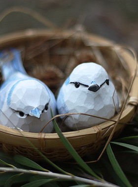 鹿妖商店 肥啾鸟木雕 生日礼物 灰蓝山雀手工实P木摆件 青花小胖