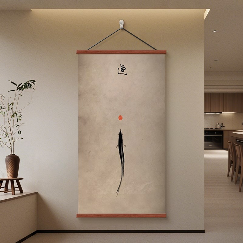 宋式美学新中式走廊玄关装饰画水墨黑白鱼茶室书房办公室卷轴挂画