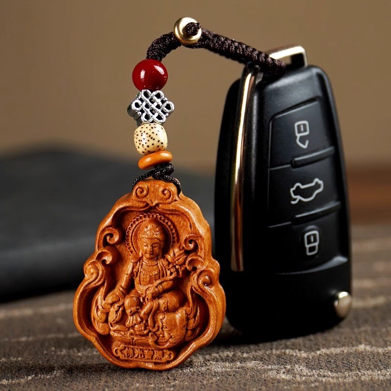 天然桃木本命佛钥匙扣十二生肖守护神挂件文殊普贤菩萨男女士挂饰