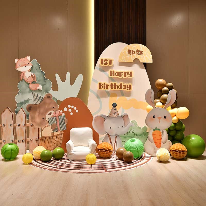 手绘森系场景装饰插画风周岁宝宝百日宴布置满月酒气球背景墙kt板图片