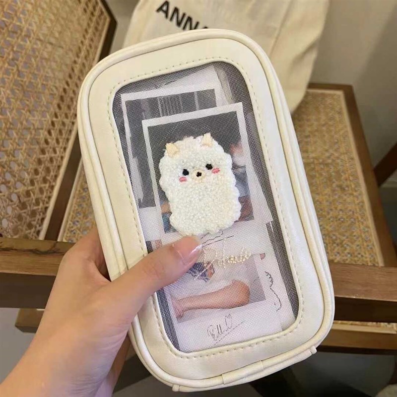 新款小羊驼刺绣笔袋大容量简约百搭桌面收纳袋高中初中网纱文具盒