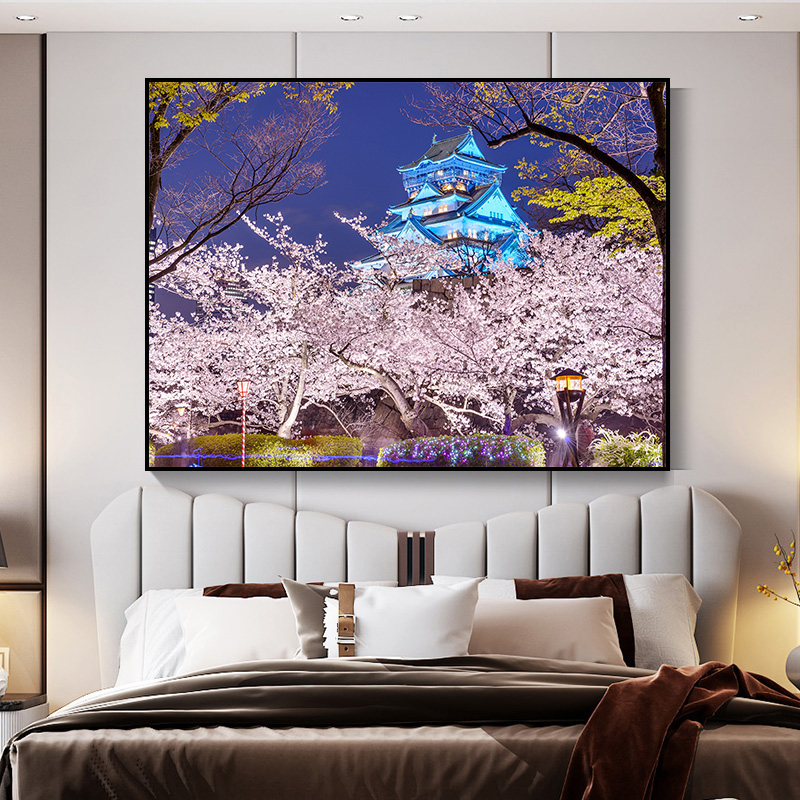 日式风格樱花花卉装饰画卧室床头背景墙壁画书房茶室横版挂画温馨图片